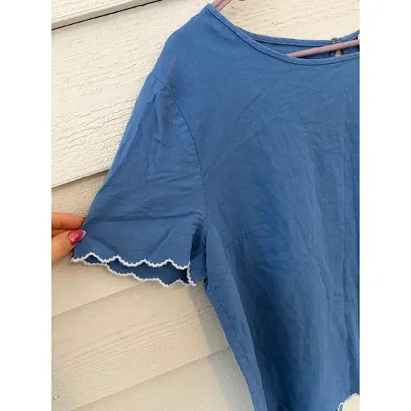 LOFT Outlet Blue Linen Blend Top XL Scalloped Hem Lightweight - Picture 4 of 6